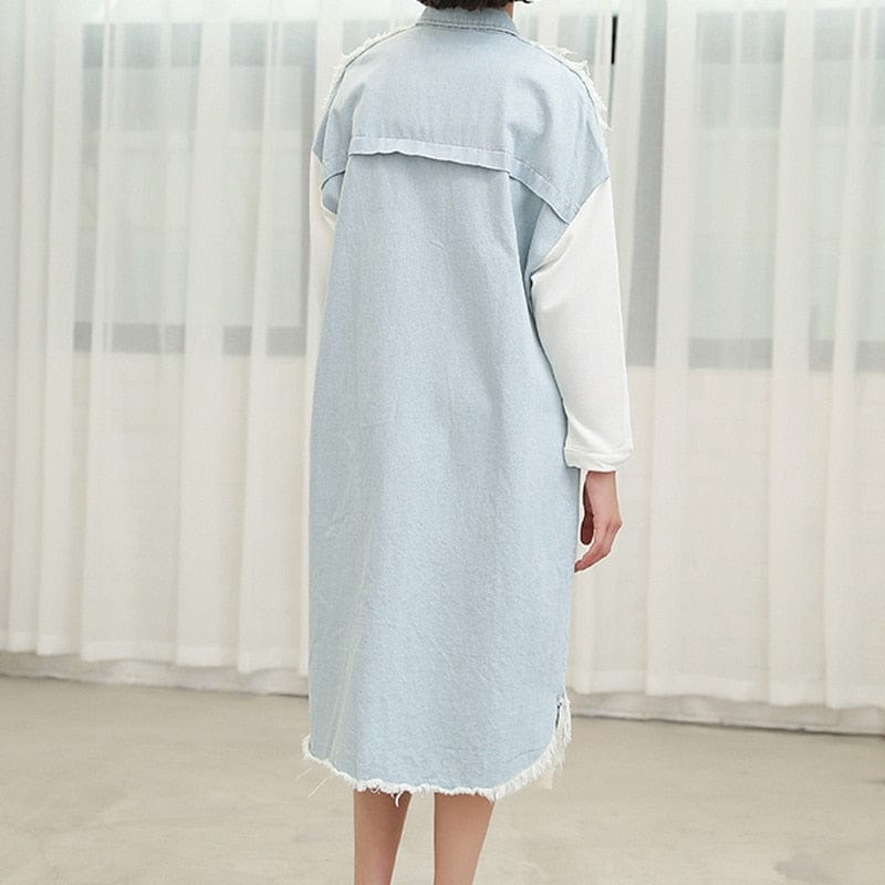 cambioprcaribe Korean Style Long Distressed Denim Shirt