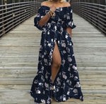 cambioprcaribe Navy Leafs / S Off Shoulder High Split Maxi Dress