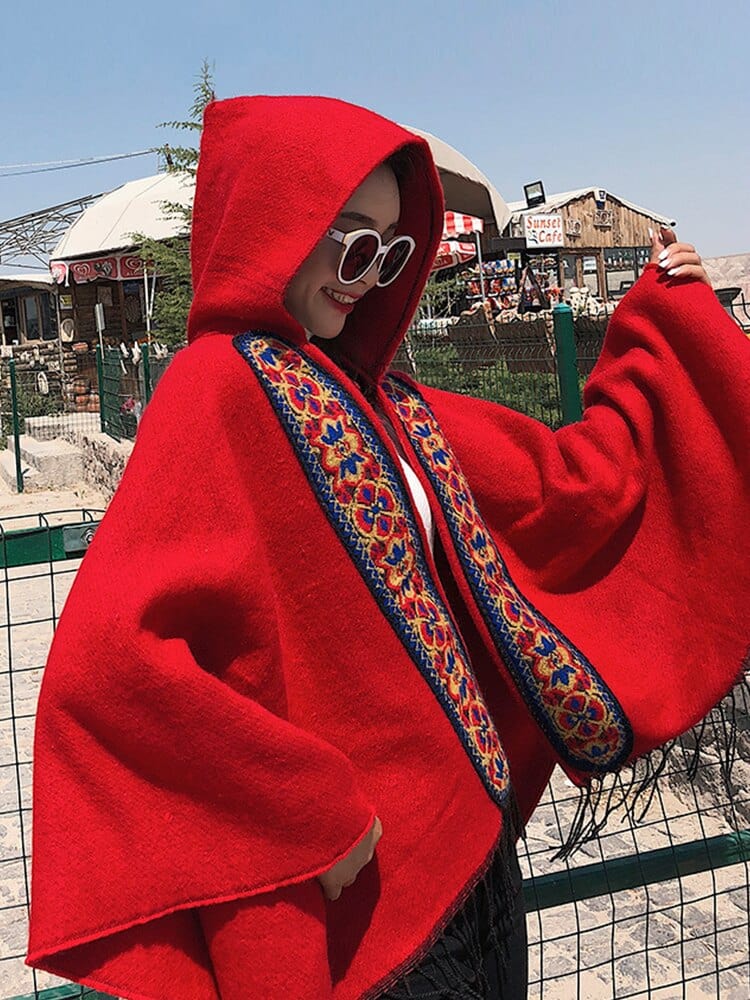 cambioprcaribe outerwear Red / Red Lucy Embroidered Hooded Poncho