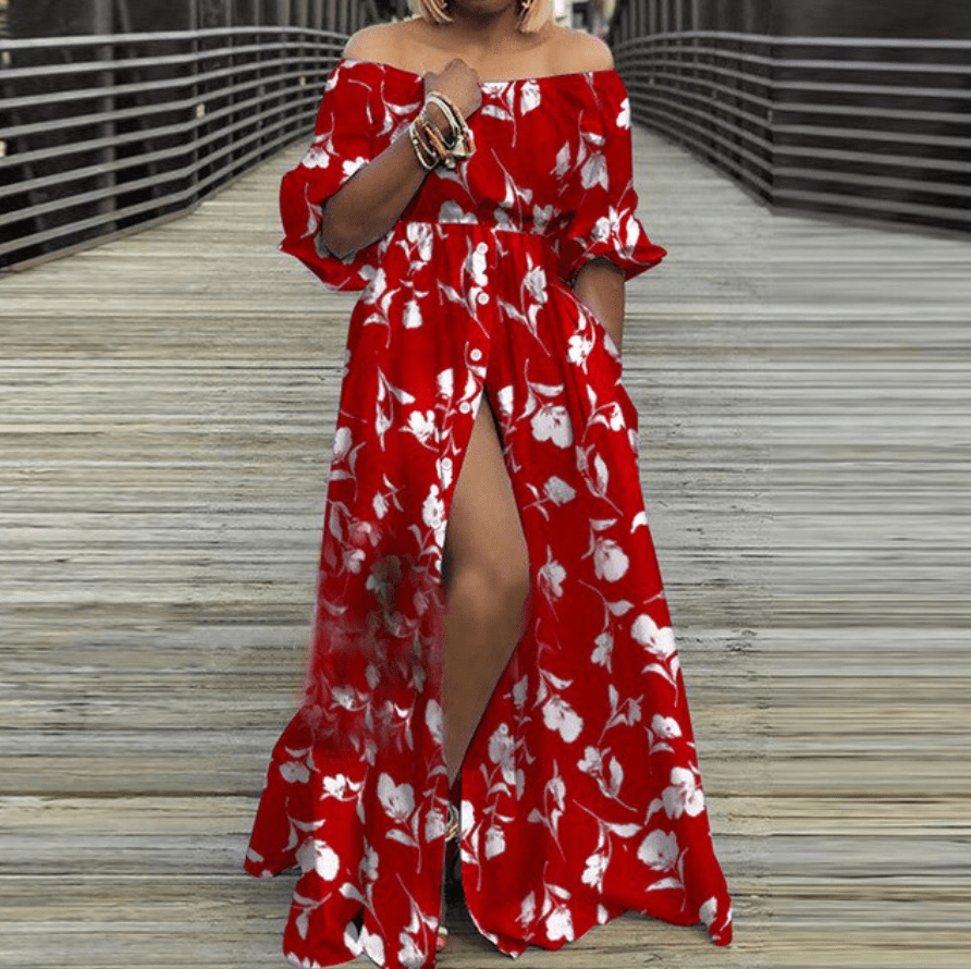 cambioprcaribe Red Leafs / S Off Shoulder High Split Maxi Dress