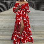 cambioprcaribe Red Leafs / S Off Shoulder High Split Maxi Dress