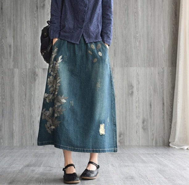 cambioprcaribe Skirts Dark Blue / L Rhea Embroidered Floral Denim Skirt
