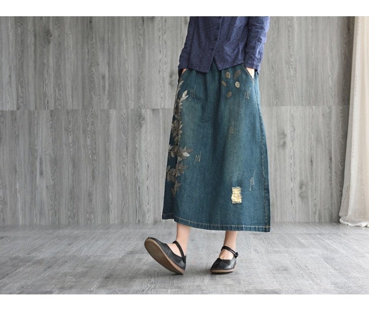 cambioprcaribe Skirts Rhea Embroidered Floral Denim Skirt