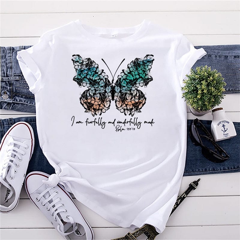 cambioprcaribe F0632-White / S Graphic New Butterfly Printed Top